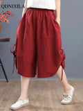 Yipinpay Summer Cotton Linen Oversized Loose Women's Pants Bloomers Wide-leg Pants Flares Elastic Waist Ladies Cropped Skirt Pants