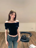 Yipinpay Hot Girl Sexy Black Off Shoulder Short-sleeved T-shirt Women's Summer Tight Waist Short Slash Neck Top Female Clothes