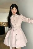 Yipinpay Hot Girl Pink Medium Length Woolen Coat for Women's Autumn and Winter Slim Fit Lace-up Woolen Coat Fashion Female Clothes