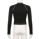 Yipinpay Streetwear Black Slim Y2k Crop Top Women Aesthetic Letter Print Round Neck Long Sleeve T-Shirts Graphic Grunge Clothes