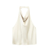 Yipinpay 2023 Black Crop Top Women Satin Halter Top Female Backless Sexy Tops Woman Sleeveless Off Shoulder Top Party For Woman