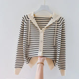 Yipinpay Autumn/Winter New Hooded Knit Cardigan Sweatshirt Western Loose Striped Hooded Top