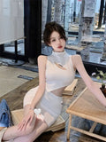 Yipinpay Women Two-piece Set French Pure Desire Sweet Spicy Hollow Sleeveless Backless Short Top Female Hollow Wrap Hip Slim Skirts