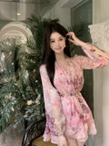 Yipinpay Sexy Dress Woman Fashion Sweet Floral Printed Criss Cross V Neck Lantern Long Sleeve Vintage Elegant Dresses Female