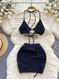Yipinpay Hotsweet Female Beach Suits Strapless Halter Sexy Camis+Drawstring Basics Slim Skirt Fashion Knitted Two Pieces Suit