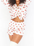 Yipinpay Women’s Valentine's Day 2 Piece Pajamas Set Kawaii Cute Heart Print Long Sleeve Button Up Shirt+ Shorts Set Sleepwear