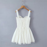 Yipinpay Sexy Women French Style Spliced Lace Sling Dress Vintage Cross Bandage Back Low Waist Swing Ladies A-line Party Mini Robe