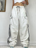 yipinpay Jeans White Pant Low Rise Cargo Pants Women Jogging Lace Up Wide Leg Pant Side Stripe Streetwear Loose Denim Trousers