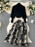Yipinpay Ladies Retro Sweater Suits Fashion Lantern Sleeve Loose Pullovers+ A Line Long Skirts Print Knitted Two Pieces Sets