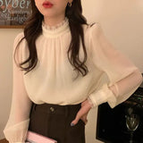 Yipinpay Femininas Blouse Women Camisa Femme Mujer Stand Transparent Shirt Chiffon Puff Tops 2023 Shirts for Women Lady Beaded