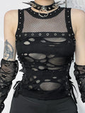 Yipinpay Cyber Y2k Hole Vest Women Streetwear Harajuku Vintage Gothic Sexy O-neck Mesh Patchwork See Through Crop Tank Tops Femme