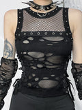 Yipinpay Cyber Y2k Hole Vest Women Streetwear Harajuku Vintage Gothic Sexy O-neck Mesh Patchwork See Through Crop Tank Tops Femme
