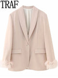 Yipinpay 2023 Pink Blazer Woman Fashion Button Jacket With Feathers Long Sleeve Blazer Suits For Women Spring Elegant Womens Jackets