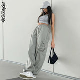 yipinpay Wide Leg Pants Women Trousers Streetwear Y2K Clothes Loose Drawstring Pockets Cargo Pants Straight High Waist Trousers