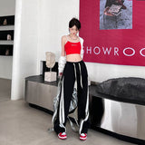 yipinpay Womans Cargo Jeans Pants High Waist Vintage Straight Trouser America Streetwear Stripe Denim Drawstring Cargo Sweat Pants