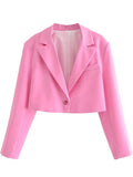 Yipinpay 2024 Women Single Button Pink Crop Blazer Vintage Long Sleeve Lapel Collar Elegant Ladies Office Suit Coat