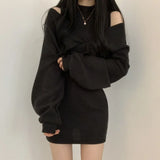 Yipinpay Vestido Mujer Round Long Sleeve Fake Two Piece Black Sweater Dress Bodycon Sexy Slim Hollow Out Knitted Autumn Tight Mini