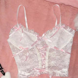 Yipinpay Pastel Gothic Harajuku Lace Sweet Women Camis Lolita Sweet See Through Sexy Bandage Short Top Coquette Aesthetic Clothes