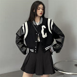 Yipinpay Black Baseball Jacket Women Autumn College Leather Patchwork Gothic Long Sleeve Loose Cropped Jacket Korean Streetwear