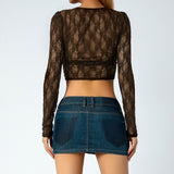 Yipinpay Women Lace T-shirts Fall Winter 2023 Sexy Mesh Crop Top Clothes 2000s Clothes y2k Fairy Grunge Long Sleeve Top Streetwear Club