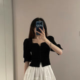 Yipinpay for Women Sexy V Short Sleeve T-shirts Black Crop Tops French Vintage Puff Off Shoulder Fold Tee Wild Casual Tshirt