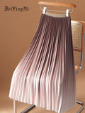 Yipinpay Women Y2K Gradient Midi Skirt Casual Luxury Elegant Korean High Waisted Pleated Skirts Girls Chic Long A-line Faldas