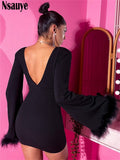 yipinpay Long Sleeve Fashion Women V Neck Feathers Mini Wrap Sexy Dress Night Club Evening Party Bodycon Winter 2023 Dress Elegant