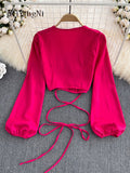 Yipinpay Korean Stylish Crop Top Shirts Women Lace-up Deep V Puff Sleeve Chic Female Blusas Casual Sexy Club Y2K Blouses Shirts