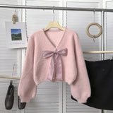 Yipinpay Elegant Cardigan Women Bow Bandage V Neck Autumn Single Breasted Sweet Cropped Sweater Outwear Loose Ladies