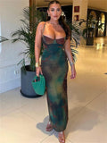 Yipinpay Simenual Vintage Printed Spaghetti Strap Maxi Dress Lady Elegant Chic Backless Package Hip Dresses Sexy Prom Party Vestido Slim
