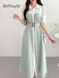 Yipinpay Chic French Korean Single-breasted Midi Dress Women Sashes Elegant Short Sleeve Office Ladies Shirt Dresses Khaki Blue