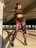 Yipinpay Simenual High Elasticity Skinny Co Ord Suit Hot Perspective Flower Crop Tops Sexy Hollow Out Pants Baddie Two Piece Set Clubwear