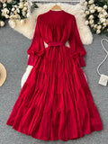 Yipinpay Autumn Retro Beach Pleated Dress Women Lantern Sleeve French Single Breasted 2024 Fashion Chiffon A Line Long Dress