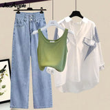 Yipinpay Spring/Summer New Matching Set Women's Casual Stripe Sunscreen Shirt+Vest+Jeans Three Piece Korean Elegant Denim Pants Set