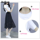 Yipinpay Summer New Short-sleeved T-shirt Chiffon Polka Dot Skirt Two-piece Set Women's All-match White Top Black Midi Skirts Suit