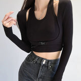 Yipinpay Sexy Slim Long Sleeve T-shirts Hollow Out Crop Top Women Tunics Kpop Button Patchwork T Shirt Fake Two-piece Streetwear