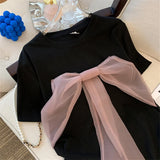 Yipinpay Clothes Grunge Cotton Tee Graphic Tshirts Black Bow Short Sleeve T-shirts Ropa Mujer Y2k Mesh Shirts for Women Top