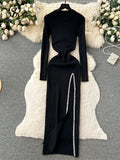 Yipinpay Streetwear Knit Split Dress O Neck Long Sleeves Slim Fit France Elegent Ladies Autumn Evening Party Bodycon Long Dress