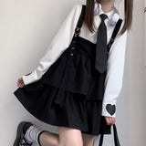 Yipinpay Kawaii Black Lolita Dress Women Ruffle Layered Japanese Sleeveless Strap Cute Mini Dress Preppy Style School Sundress