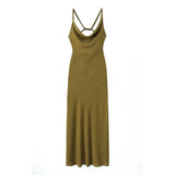 Yipinpay New Women Olive Green Satin Slip Dress Crossed Double Thin Strap Back Flowy Neckline Female Party Sexy Dresses