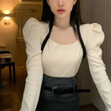 Yipinpay Sueter Mujer Vintage Cropped Black Sweaters Women Puff Sleeve Slim Pullover Short Square Sweater Top Knitwear Spring