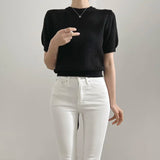 Yipinpay O Neck Cropped Pink Sweaters Women Slim Short Sleeve Shirt Back Bow Bandage Tops Sueter Jumper Blouse Shirts Sweet