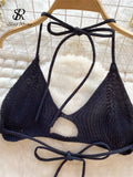 Yipinpay Hotsweet Female Beach Suits Strapless Halter Sexy Camis+Drawstring Basics Slim Skirt Fashion Knitted Two Pieces Suit