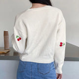 Yipinpay Neck Cropped Cardigan Embroidered Cherry Sweater Feminino Kawaii Long Sleeve Top Pull Femme Y2k Sueter Mujer Knit Coat