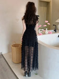 Yipinpay Woman Dress Sleeveless Bandage Bow Mesh Patchwork Layered 2024 Summer Elegant Dresses Party Ladies Black Temperament