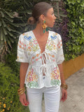 Yipinpay Flower Printing Puff Sleeve Shirts For Women Fashion Lace-up V-neck Short Blouse Female 2024 Summer Elegant Cropped Tops