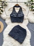 Yipinpay Trend High Street Denim Suits Backless Sleeveles Halter Y2K Top+ Zipper Pleated Mini Skirt Hollow Out Two Pieces Sets