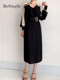 Yipinpay French Vintage Dress Women Belt Sexy Elegant Office Ladies V-neck Dresses Patchwork Casual Stylish Long Sleeve Vestido