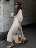 Yipinpay Elegant Beige Women Linen Dress Puff Sleeve Long Backless Button Dress Ladies V-Neck Cotton Dresses Soft Summer 2023