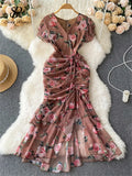 Yipinpay French Retro Long Dress Short Ruffles Sleeves V Neck Floral Print Drawstring Split Zipper Women Slim Bodycon Dress